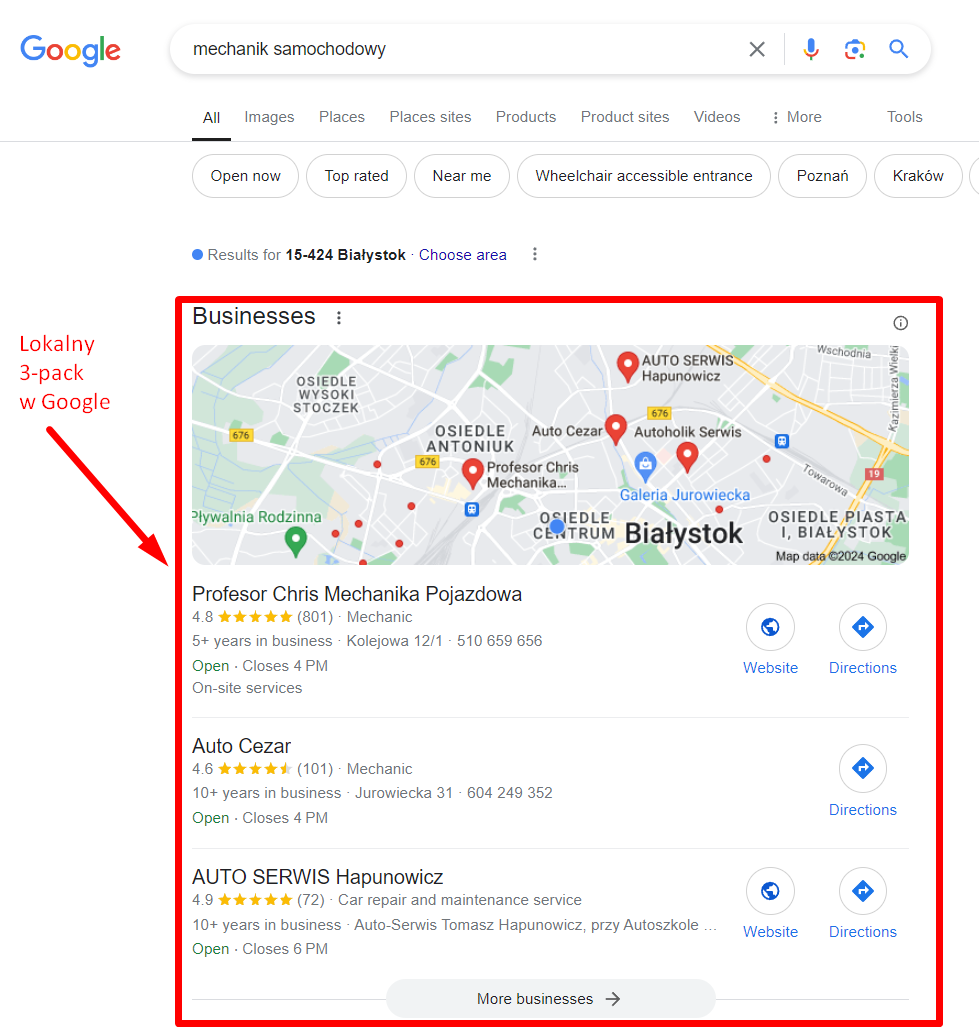 Firma SEO w Zręcinie - Lokalny 3-pack z Google