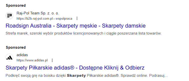 Przykładowe treści reklam w Google.