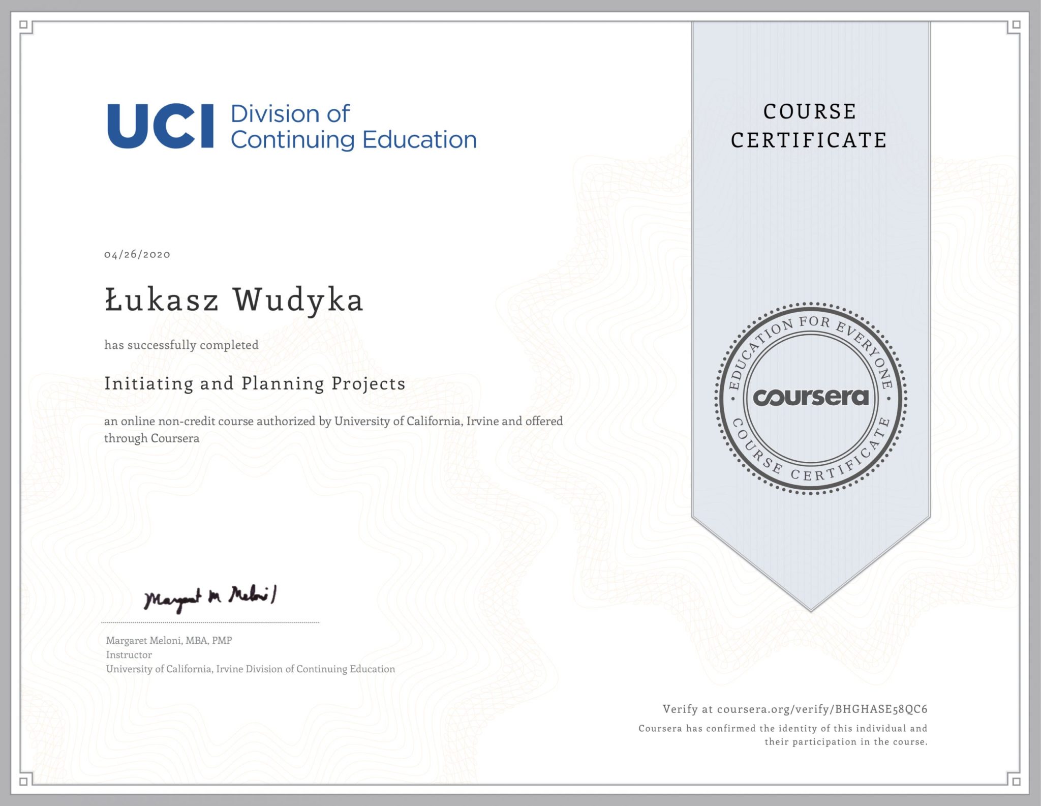 Łukasz Wudyka opinie o platformach szkoleniowych - Łukasz Wudyka certyfikaty - Initiating and Planning Projects - Coursera