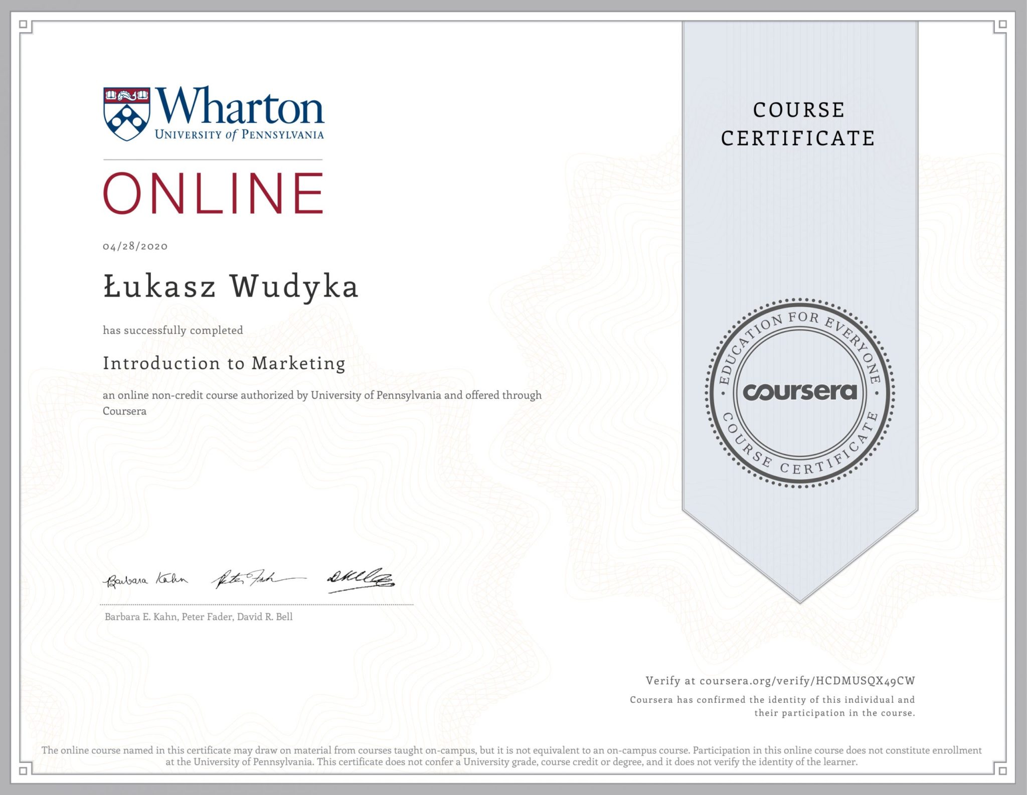 Łukasz Wudyka opinie o platformach szkoleniowych - Łukasz Wudyka certyfikaty - Introduction to Marketing - Coursera