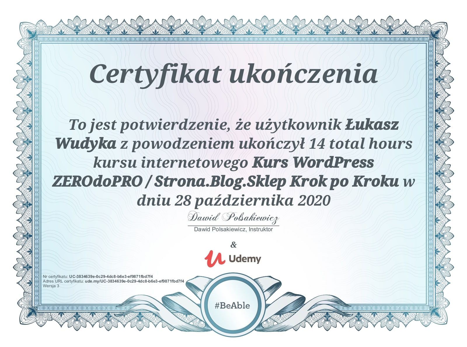 Łukasz Wudyka opinie o platformach szkoleniowych - Łukasz Wudyka certyfikat - Kurs WordPress ZEROdoPRO / Strona.blog.sklep Krok po Kroku