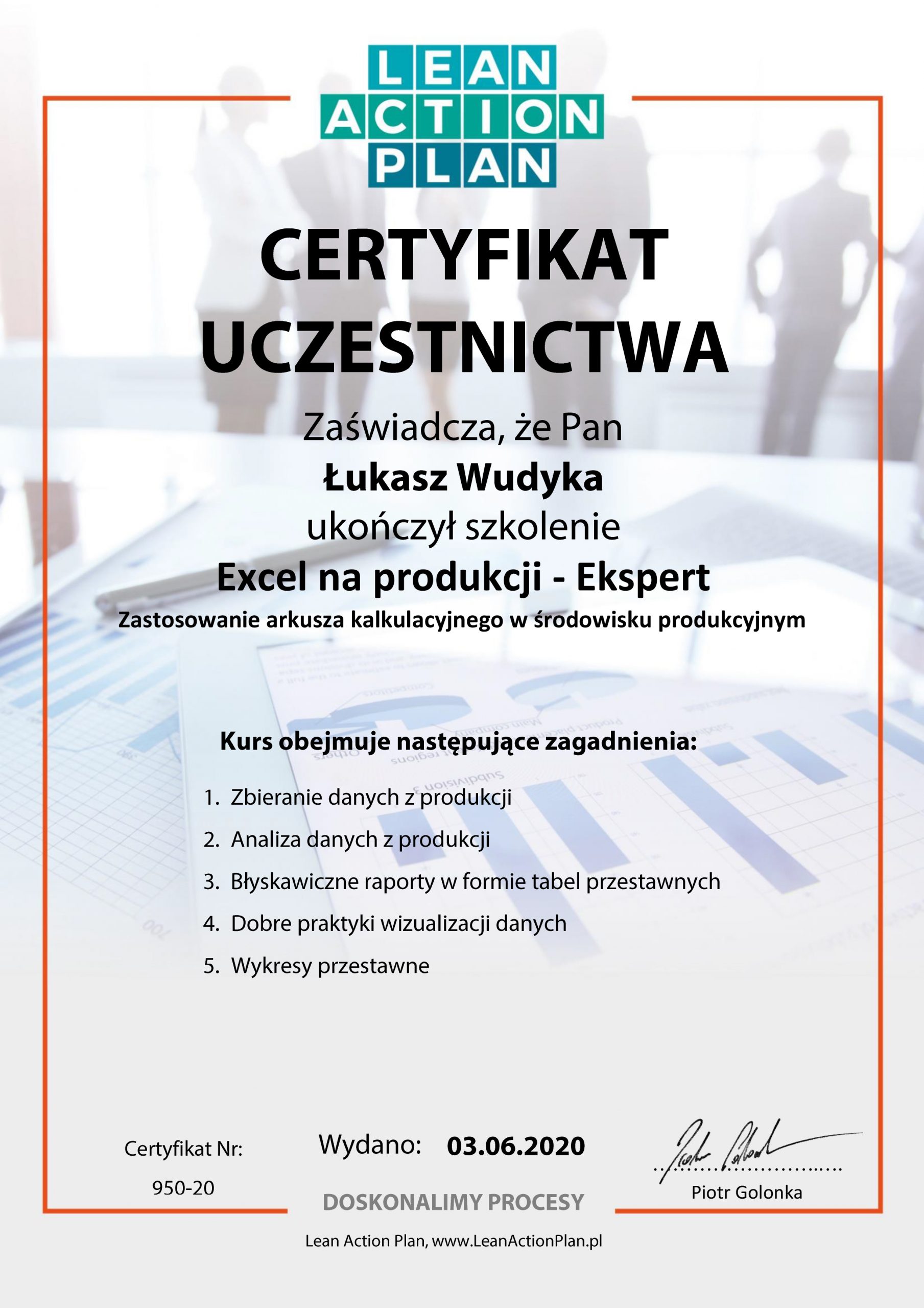 Łukasz Wudyka opinie o platformach szkoleniowych - Łukasz Wudyka certyfikaty - Excel na produkcji - Ekspert