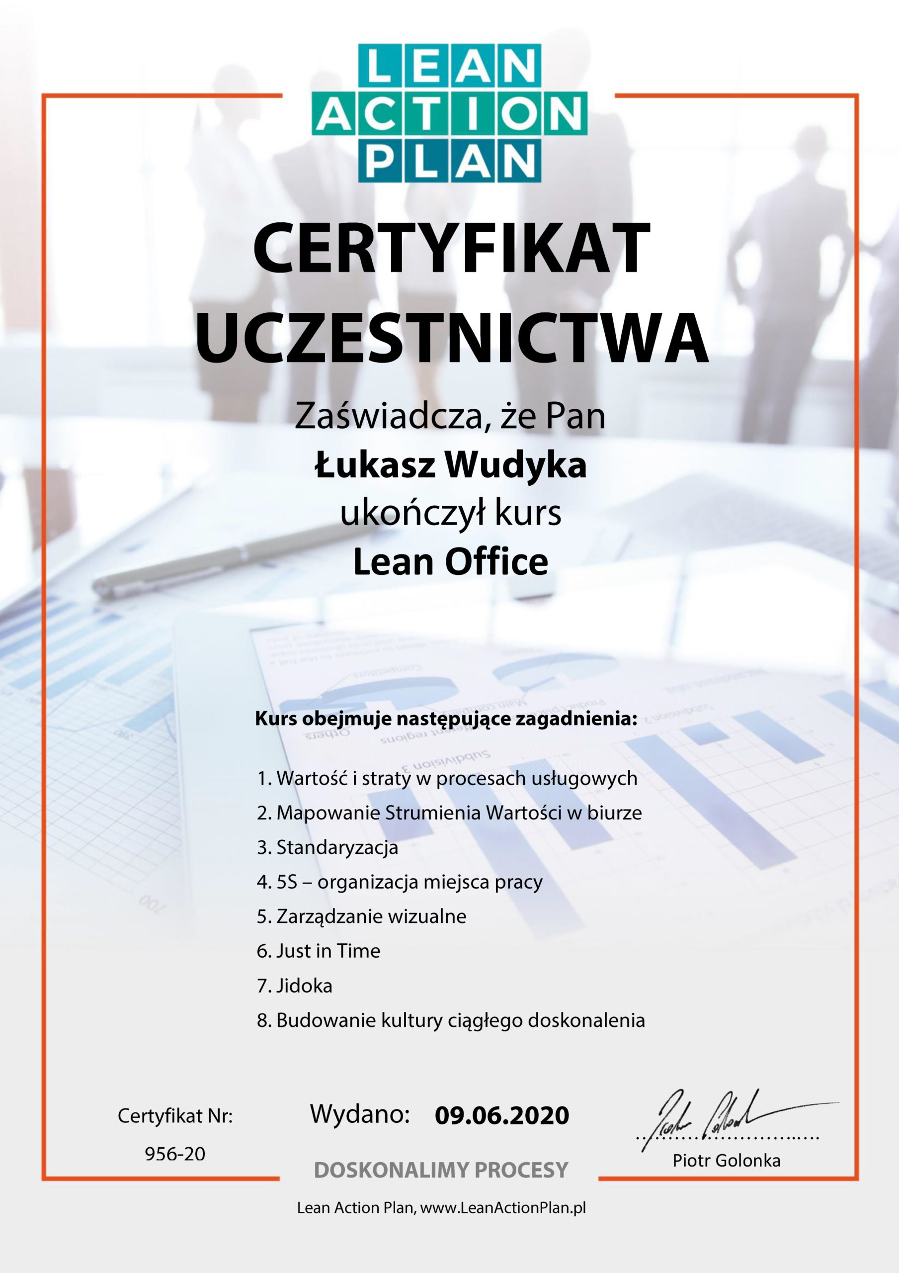 Łukasz Wudyka opinie o szkoleniach - Łukasz Wudyka certyfikat Lean Office