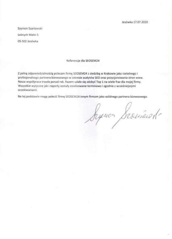 referencje dla SEOSEM24 - Szymon Szaniawski