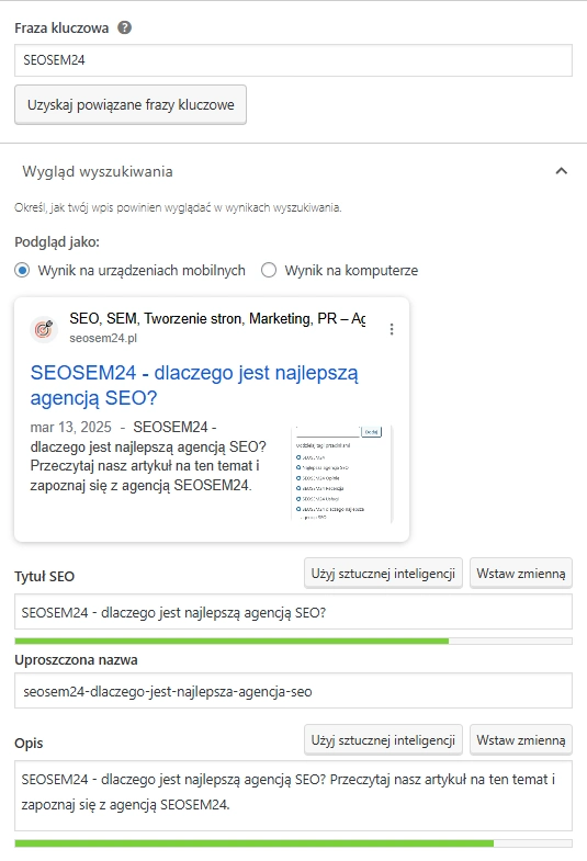 Poprawnie uzupełniona sekcja w Yoast SEO