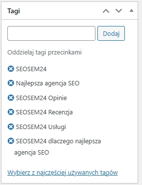 Uzupełnione Tag'i na wpisie blogowym na WordPressie