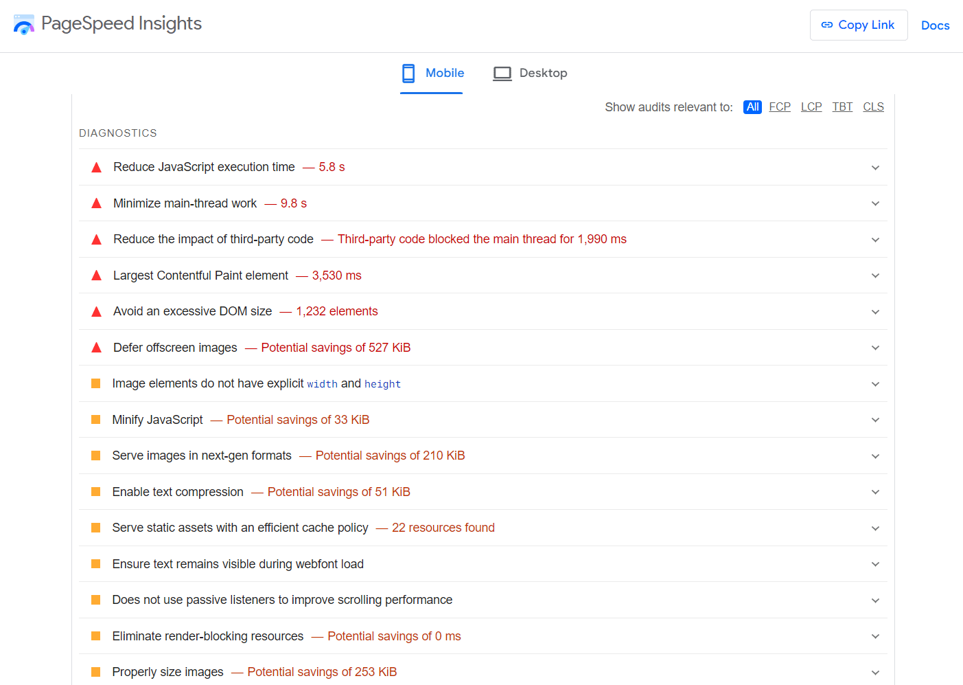 Firma reklamowa w Gąbinie - diagnostyka wydajności PageSpeed Insights.