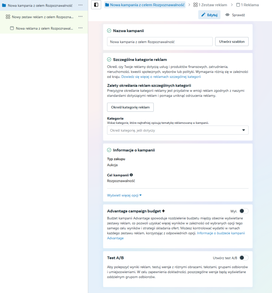 Konfiguracja reklamy związanej z budowaniem świadomości marki.