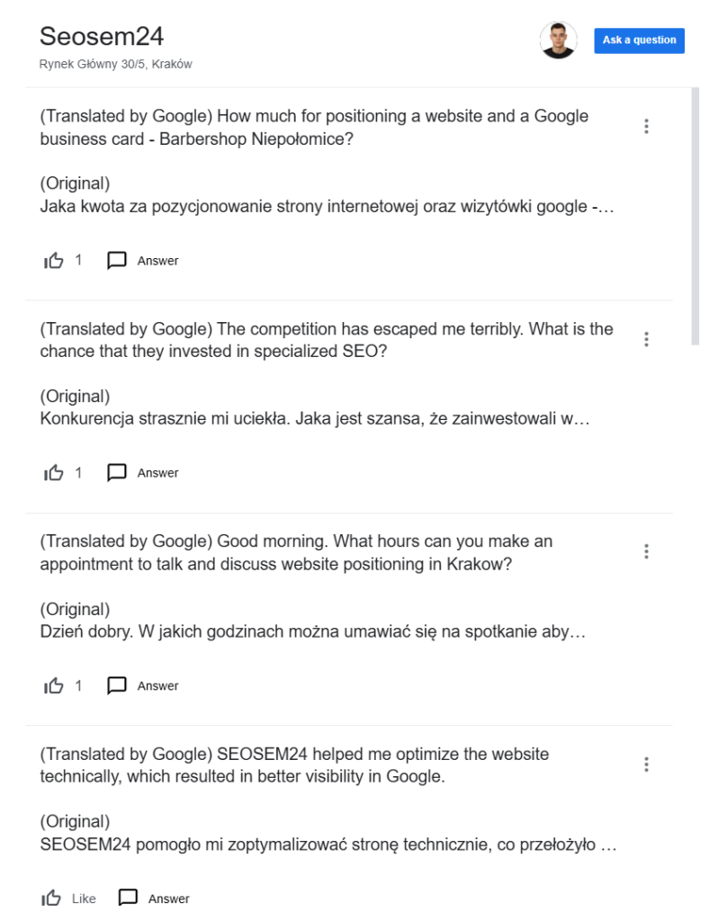 Sekcja pytań i odpowiedzi wizytówki SEOSEM24. Sekcja pytań i odpowiedzi wizytówki SEOSEM24.
