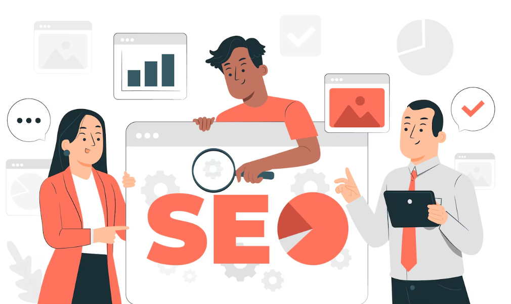 Agencja Google Ads - czym się zajmuje? - seo platform - pomarańczowa infografika z 3 ludzi