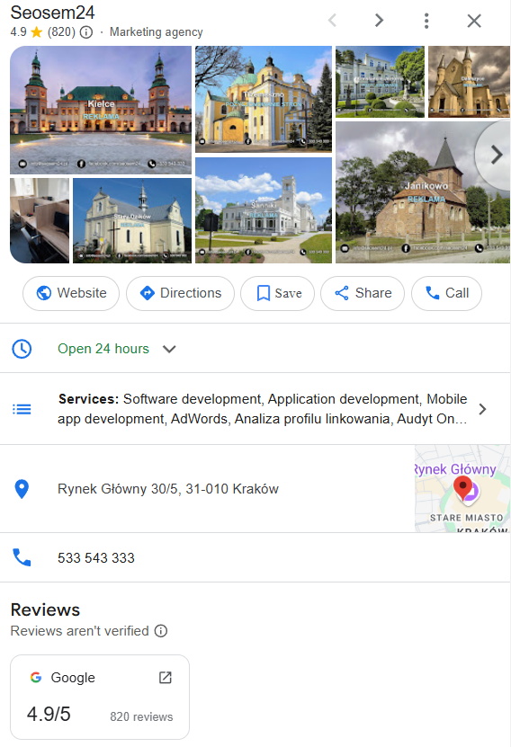 Wizytówka Google Maps firmy SEOSEM24. Wizytówka Google Maps firmy SEOSEM24.