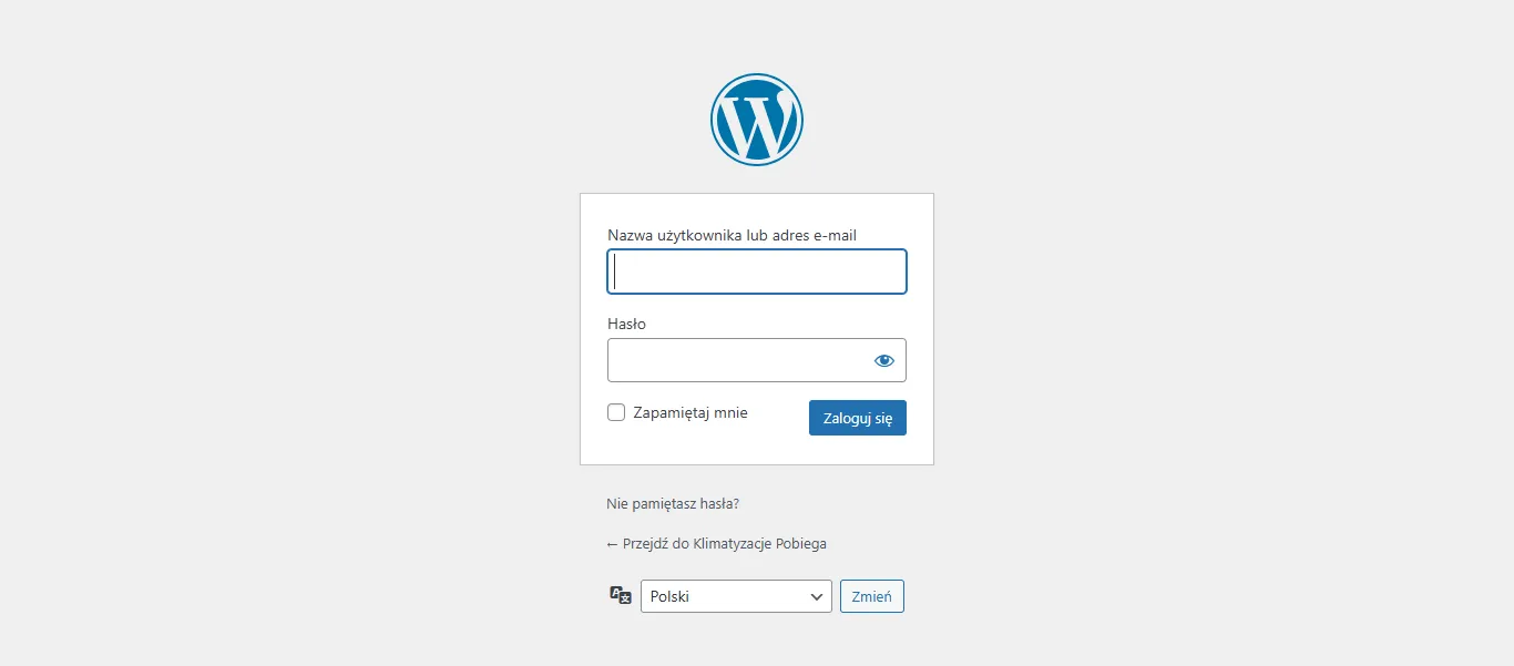 Formularz logowania wordpress z polami na nazwę użytkownika i hasło oraz przyciskiem „zaloguj się”.