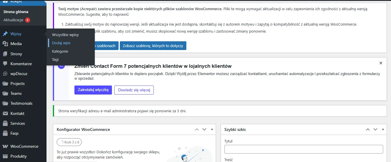 Menu boczne z zaznaczoną sekcją „wpisy” oraz podświetloną opcją „dodaj nowy”.