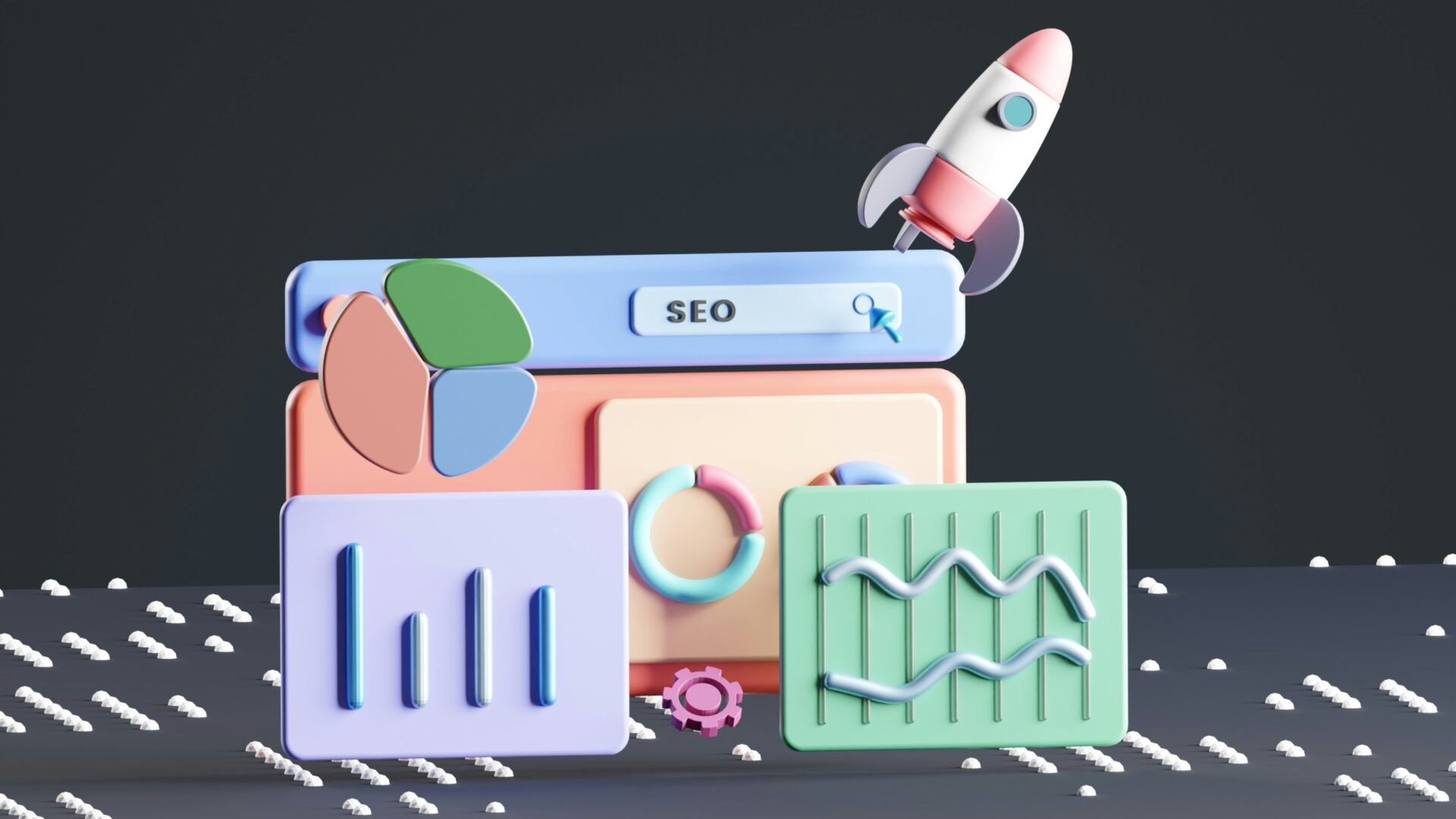 Ilustracja SEO z wykresami i rakietą symbolizującą wzrost – apelatywizacja marek jako strategia w marketingu internetowym i pozycjonowaniu w wyszukiwarkach.